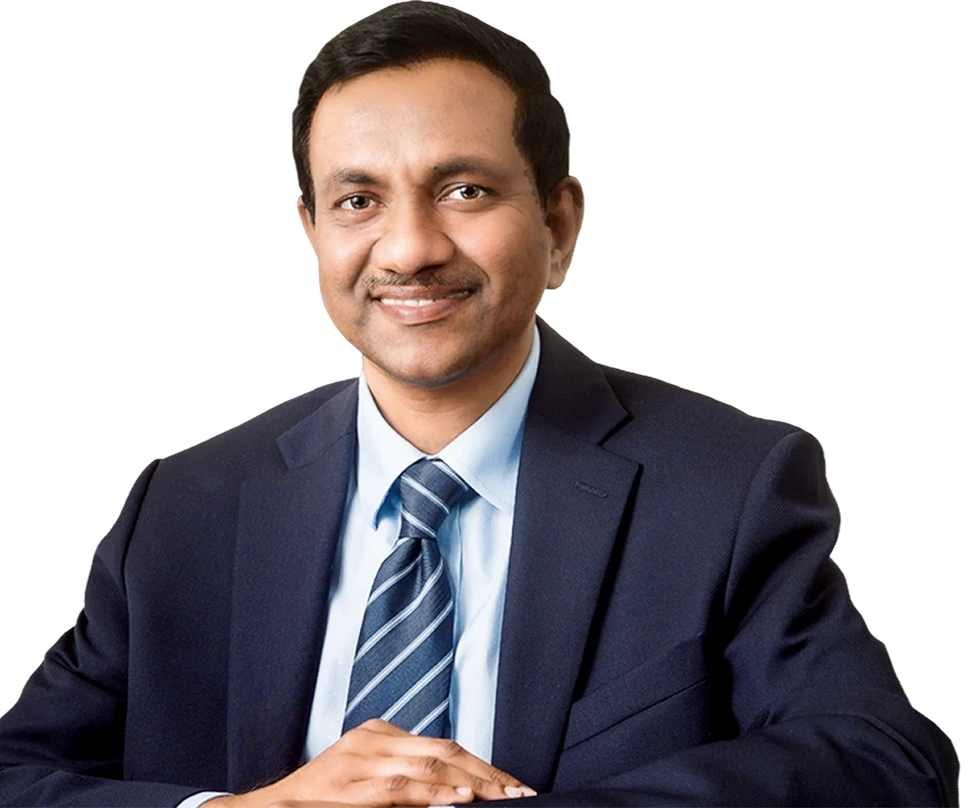 Male physician in dark blazer and striped tie, smiling at camera